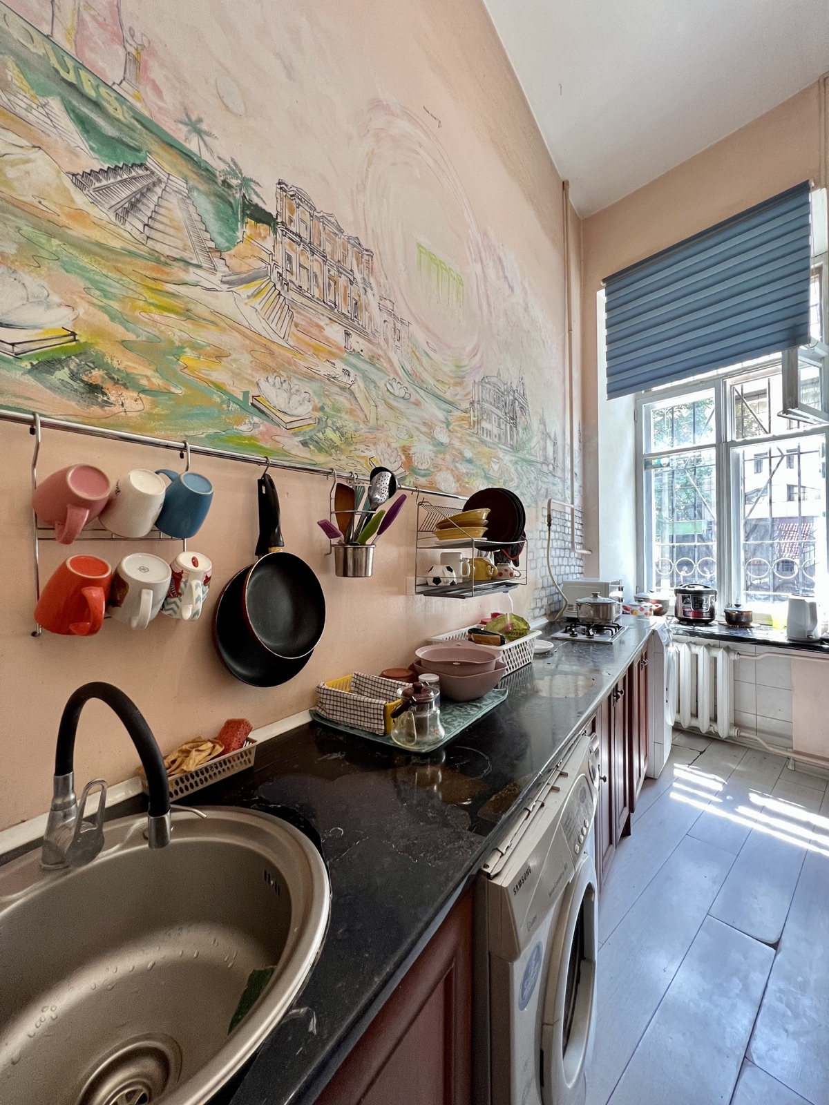 Dja Hostel kitchen — mural and counter